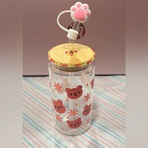 Cute Bear Glass Bottle with Straw